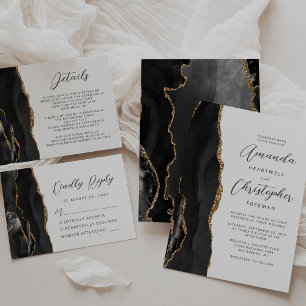 Convites Casamento de Script Dourado Preto Agate