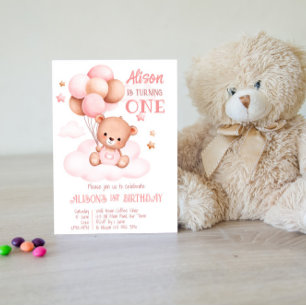Convites Urso de peluche rosa e castanho com festa de balõe