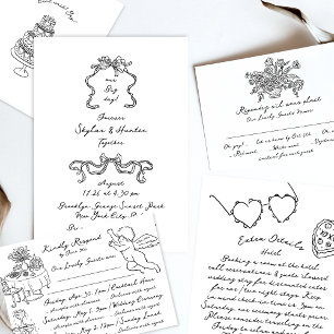 Convites Boho Doodle Letra Preta e Branco Manuscrito Simple