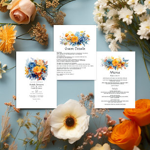 Menu Casamento Floral Azul, Laranja e Amarelo