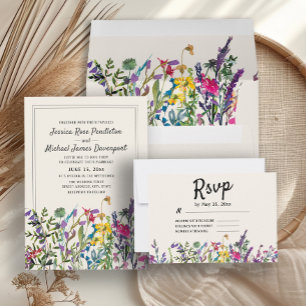 Convites Watercolor Wildflower Cream Purple Wedes