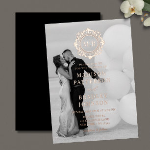 Cartão RSVP Ornamentado Floral Monograma Rosa Dourado Casament
