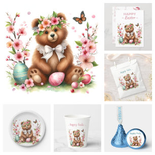 Cartão Postal Ovos de Páscoa Urso de Aquarelas Flores de Cereja
