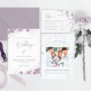 Convites Chic Purple Floral com Caligrafia Fotográfica