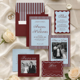 Convites Casamento Retro com Listras Azul Gelo e Borgonha