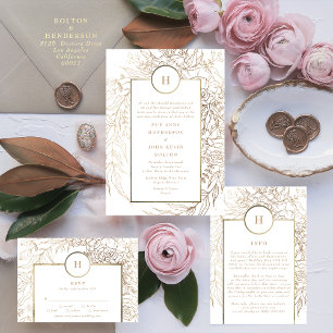 Convites Casamento Dourado Monograma de Verruga Preta Premi