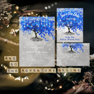 Convites Casamento de Árvore Folha de Coração Azul Cobalto
