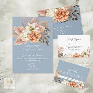Convites Casamento Floral em Azul Poento e Pêssego