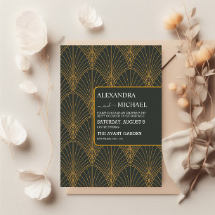 Convites Elegante Art Deco Dourado Noivado Verde