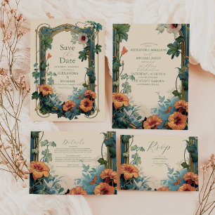 Reserve A Data Vintage Art Nouveau Floral de Casamento Oleícola e