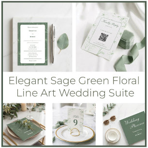 Convites Arte de Linha Floral Verde Sage Elegante Casamento