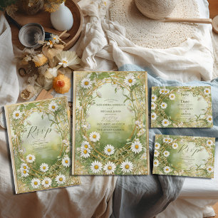 Convites Daisies Art Nouveau Ivory Green Wedding