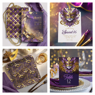Convites Doce 16 Mascarada Purple Dourado ID1032