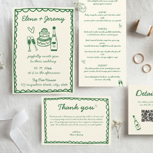 Convites Casamento Verde Francês Vintage Ilustrado
