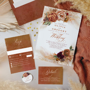 Convites Terracotta Floral Pampas Grass Evening Recepção