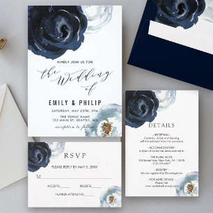 Convite para Casamento Floral de Peony Azul Marinh