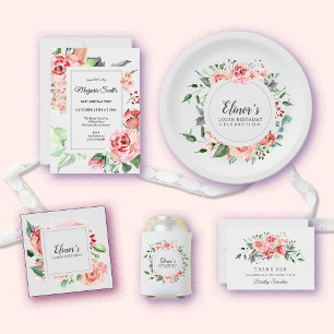 Prato De Papel Dusty Pink Floral 100º Aniversário Obrigado