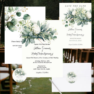 Reserve A Data Casamento com Acento Dourado e Verde Flora Suave