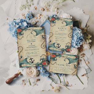 Convites Casamento Vintage Náutico com Ondas e Corda