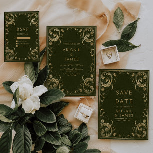 Cartão De Informações Vintage Frame Olive Dourado Casamento Verde RSVP