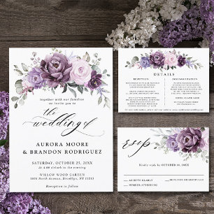 Anúncio Com Dobra Tripla Formas de Casamento Floral Moody Blooms Roxo Dusty