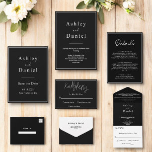 Cartão De Informações Chique Elegante Preto E Branco Casamento Minimalis