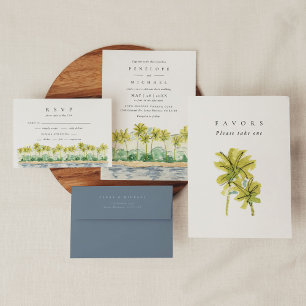 Convites Casamento Tropical Watercolor de Palm Trees de Pra