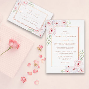 Convites Casamento Dourado de Rosa de Aquarela Floral Rosa 