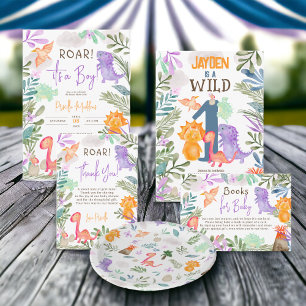 Convites Dinossauros de aquarela branca, chá de fraldas ver