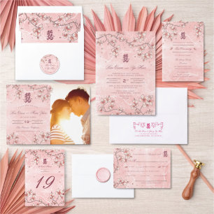 Cartão RSVP Peach Blossoms Dupla Felicidade Casamento Chinês