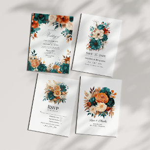 Convites Casamento Floral Azul Turquesa, Laranja Queimada e
