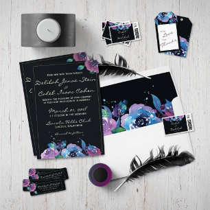 Convites Casamento Floral Profundo de Azul Roxo-Sangrento