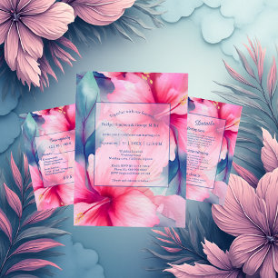 Convites casamento floral tropical havaiano fúcsia hibisco