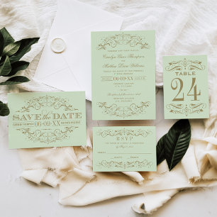 Cartão RSVP Vintage Green e Antiquado Casamento Flourish Doura