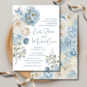 Convites Casamento Floral Romântico de Molas Azuis Azuis