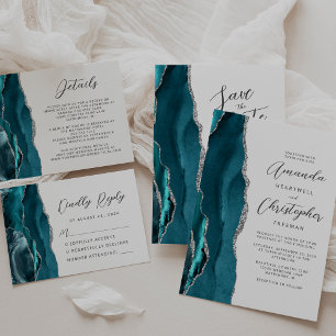 Reserve A Data Casamento de Script Moderno de Agate Teal Silver