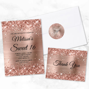 Convites Rosa de Faux Glitter Dourado e Foil Sweet 16