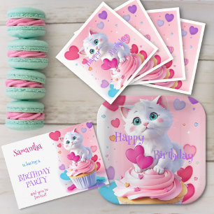 Convites Gatinho branco giro e Festa de aniversário Cupcake
