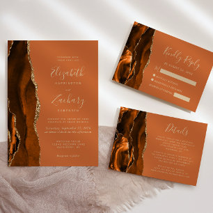 Cartão RSVP de Casamento Dourado de Agato Laranja 
