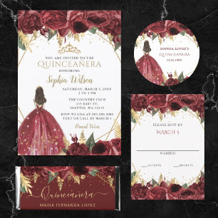 Cartão RSVP Burgundy Dourada Princesa Floral Quinceanera