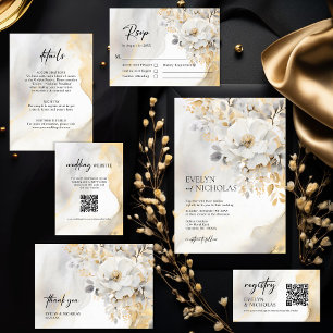 Cartão De Informações Código QR RSVP Cinza Dourada Casamento Floral do S
