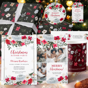 Convites Floco de neve floral verde-elegante Natal