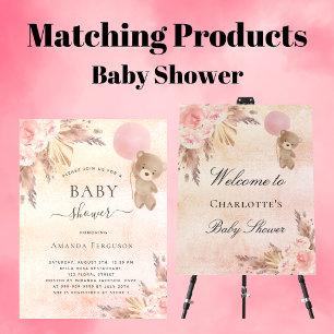 Convite Chá de fraldas-menina pampas ursinho luxo prateado