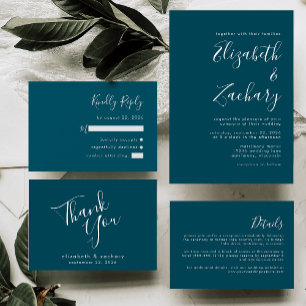 Convites Casamento Azul de Teal com Foto de Script Minimali