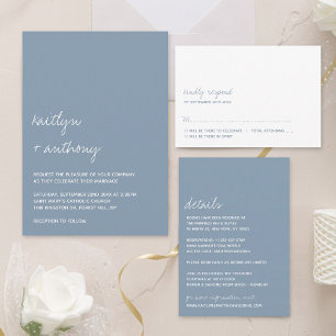 Convites Casamento Minimalista Azul Dusty de Script Moderno