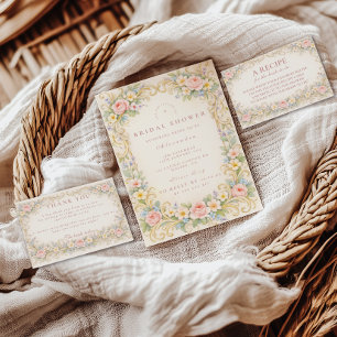 Convites Chá de Noiva Barroco Dourado Floral Rosado