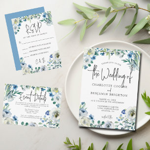 Cartão RSVP Casamento Chic Blue Floral Spring