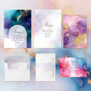 Cartão De Agradecimento Tinta de álcool rosa e azul com acentos Dourados