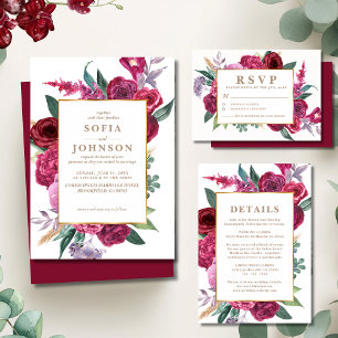 Convites Casamento Floral em Aquarela Vermelha Marrom Luxuo