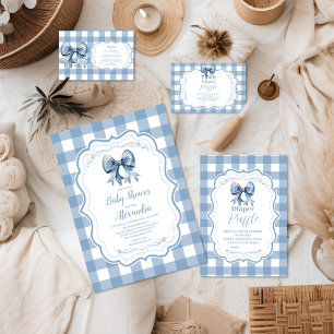 Cartão De Informações Livros Gingham de Fita Arco Azul e Bonita para Beb